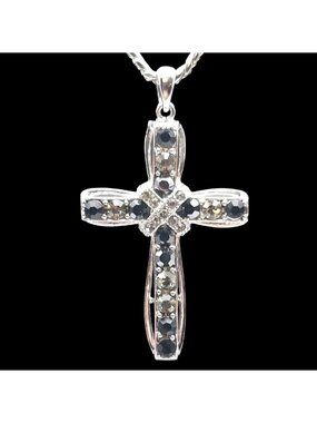 Silver Tone 20" Necklace with Black & White CZ Adorned Cross Pendant